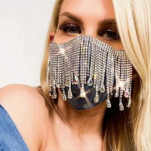 "All Da Tings" Denim Rhinestone Fringe Face Mask
